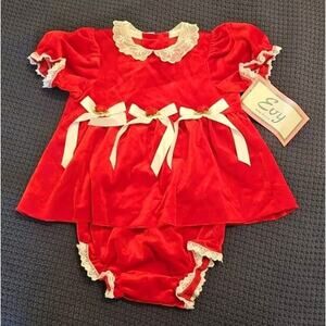 New Vintage Red Evy Baby Dress And Bloomers 3-6 Months Lace